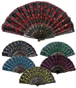 Black Color Hand Fan with Sequin Peacock Embroidery. 